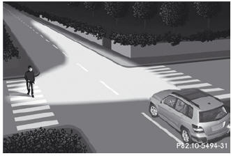 The cornering light function improves the illumination of the road over a wide