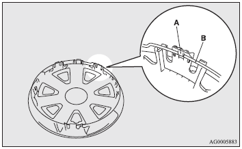 1. Make sure the tabs (A) of the back of the wheel cover are not broken and correctly