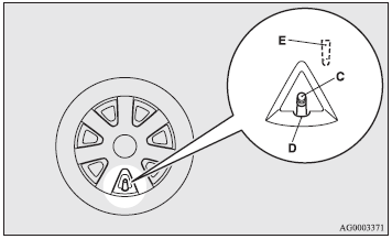 2. Align the tyre valve stem (C) with the cut out area (D) in the wheel cover.