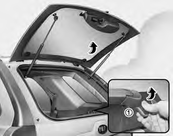 3. Raise the window by pulling up the handle (➀). To close the rear hatch window,