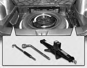 The spare tire, jack, jack handle, wheel lug nut wrench are stored in the luggage
