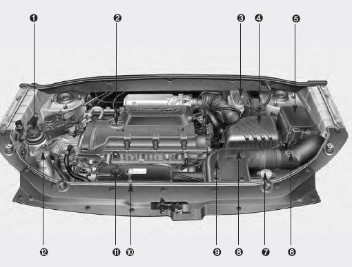 Engine 1. Power steering fluid reservoir 2. Engine oil filler cap 3. Brake fluid