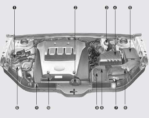 Engine 1. Power steering fluid reservoir 2. Engine oil filler cap 3. Brake fluid