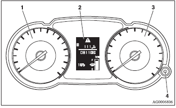 1- Speedometer (km or mph + km/h). 2- Multi-information display → P. 3-4 Information