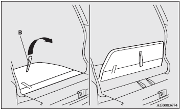 3. Pull the belt (B) located in the centre of the seatback and raise the seatback.