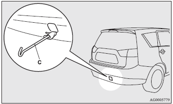 1. Take out the towing hook, wheel nut wrench and jack bar. Refer to “Tools and