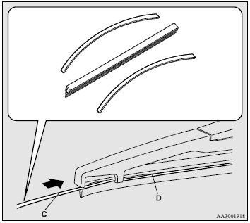 4. Firmly insert the retainer (C) into the groove (D) in the wiper blade. Refer
