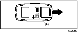 To remove the key from the remote controller, push the button (A) in the direction