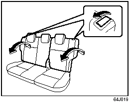 To adjust the seatback angle of the rear seats: 1) Pull up the lever on the top