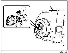 2. Pull out the lock cover (B) fitted on the lock nut of the spare wheel while