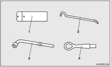 1- Tool case. 2- Wheel nut wrench. 3- Jack bar. 4- Towing hook.